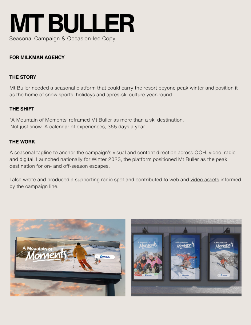 Mt Buller — A Mountain of Moments campaign, billboard OOH and digital assets